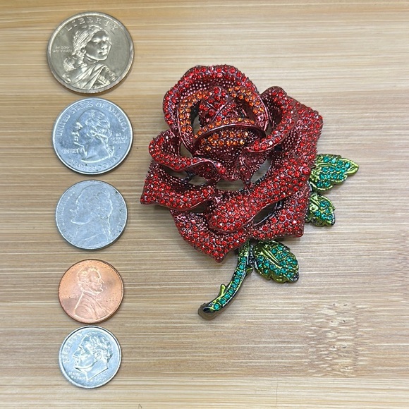 Jewelry - Elegant Red and Green Rose Brooch & Pendant 2 1/2” x 3 1/2“